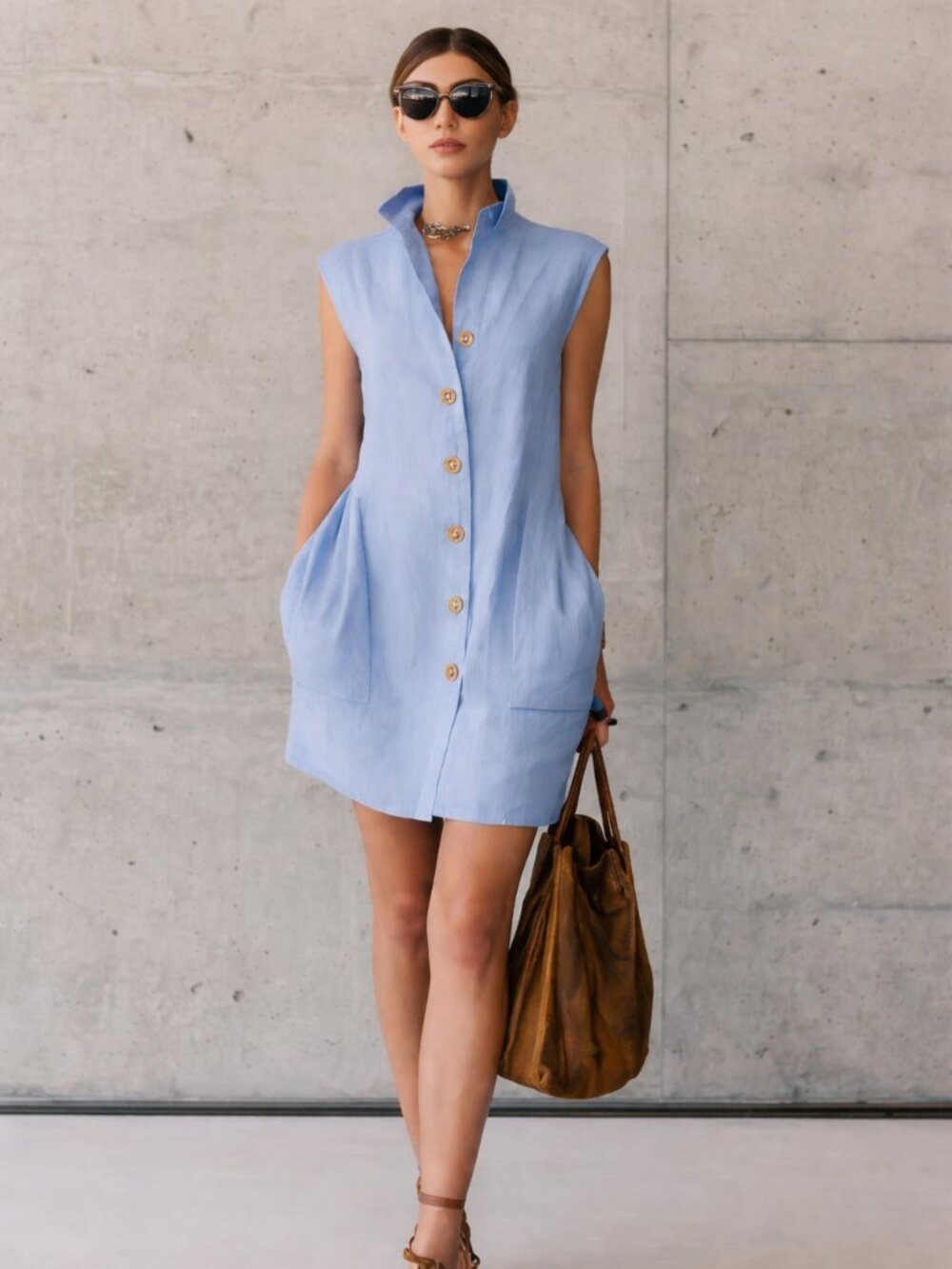 Women's Slimming Sleeveless Stand-Collar Shirt Dress